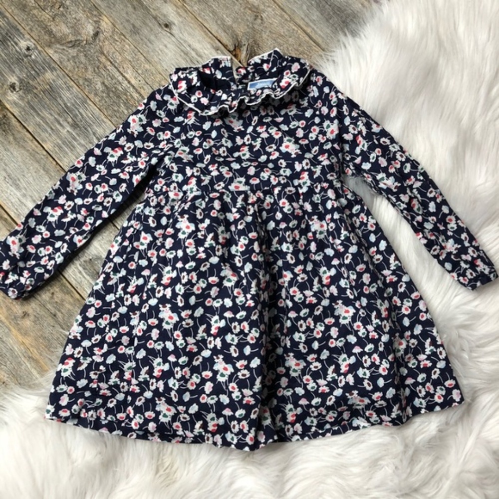 Jacadi Paris Floral Ruffle Collar Long Sleeve Dress Dark Blue Button Back- 24m